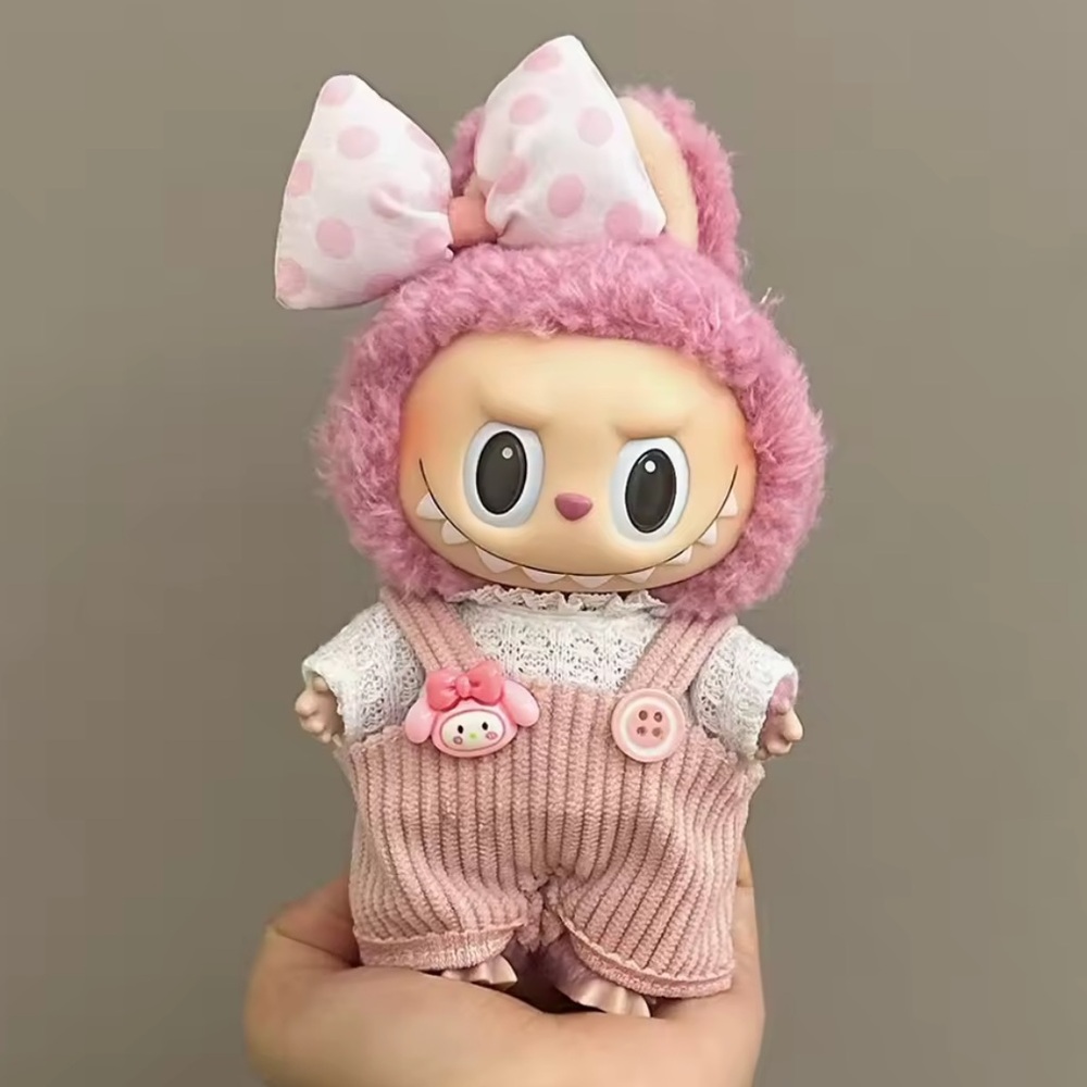 Labubu outfit jumpsuit overalls pink bow 3 PCs button